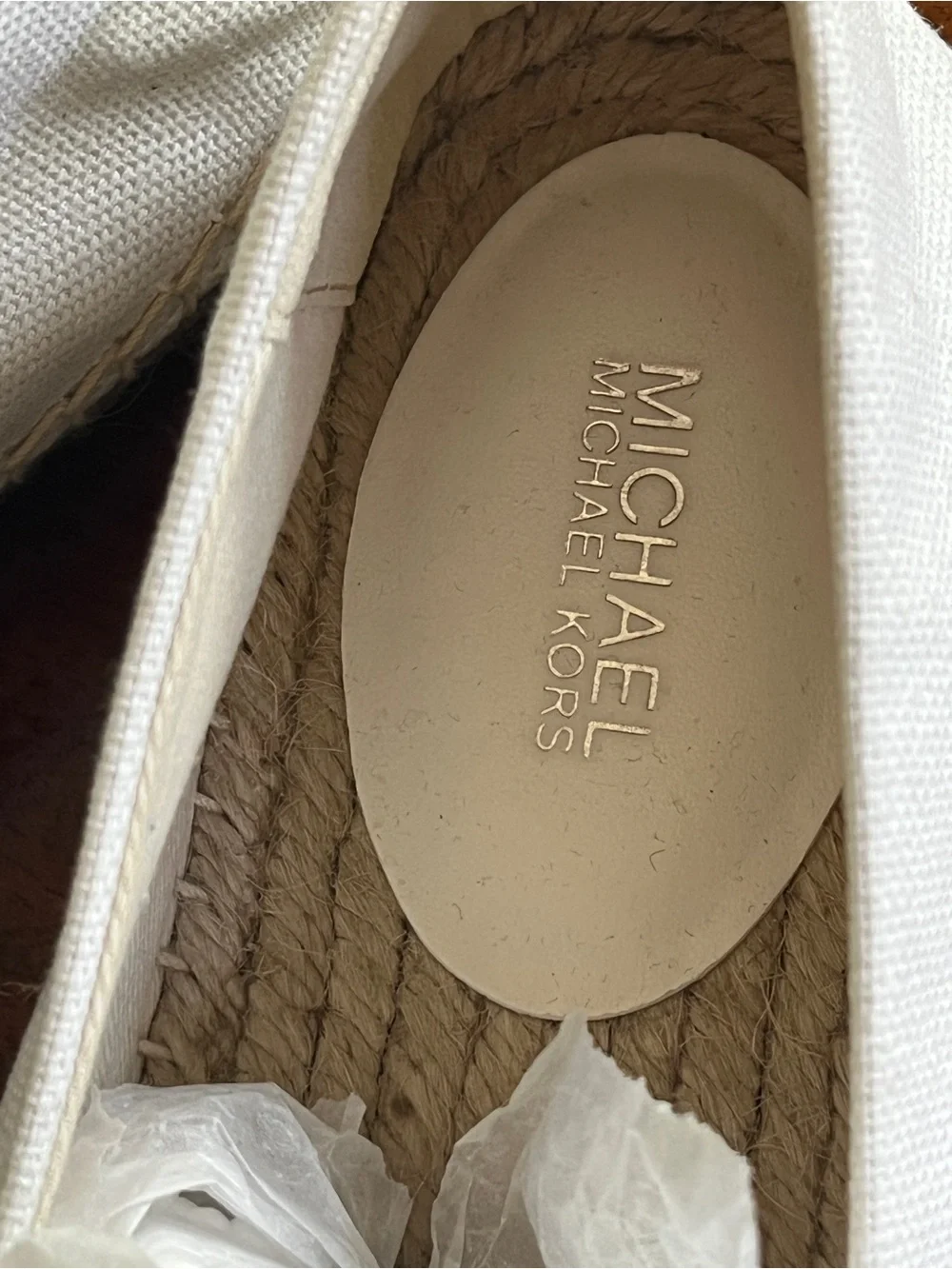 Michael Kors Size 8M White Espadrille Slip-On with Black Logo Band